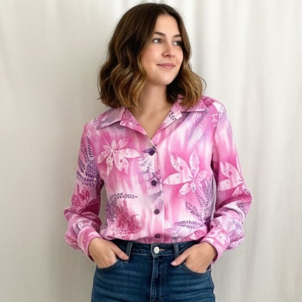 Pykettes Vintage Classic 70s Floral Purple Pink Shirt